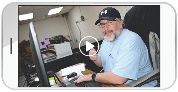 LaserCut video icon with US Acrylic Awards graphics employee giving the thumbs up.